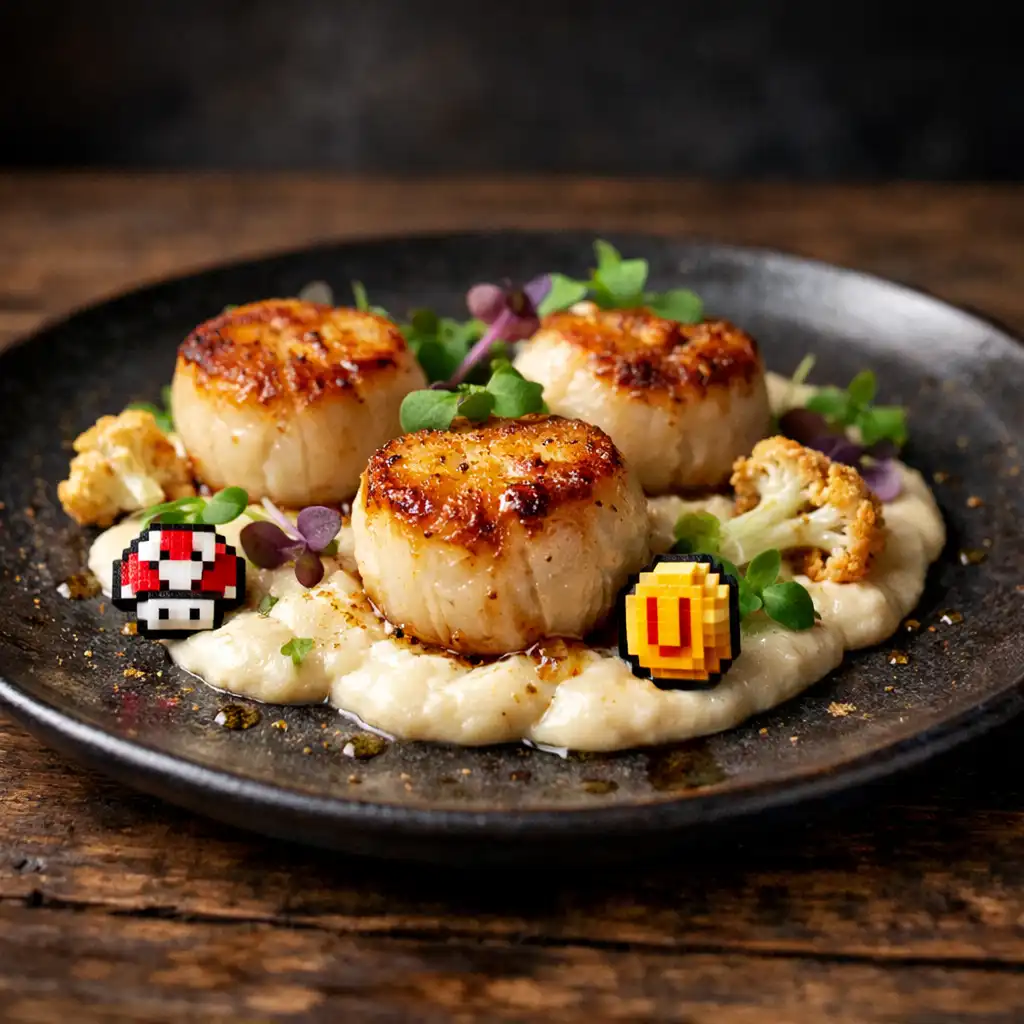 Seared scallops with cauliflower purée and microgreens on a dark ceramic plate