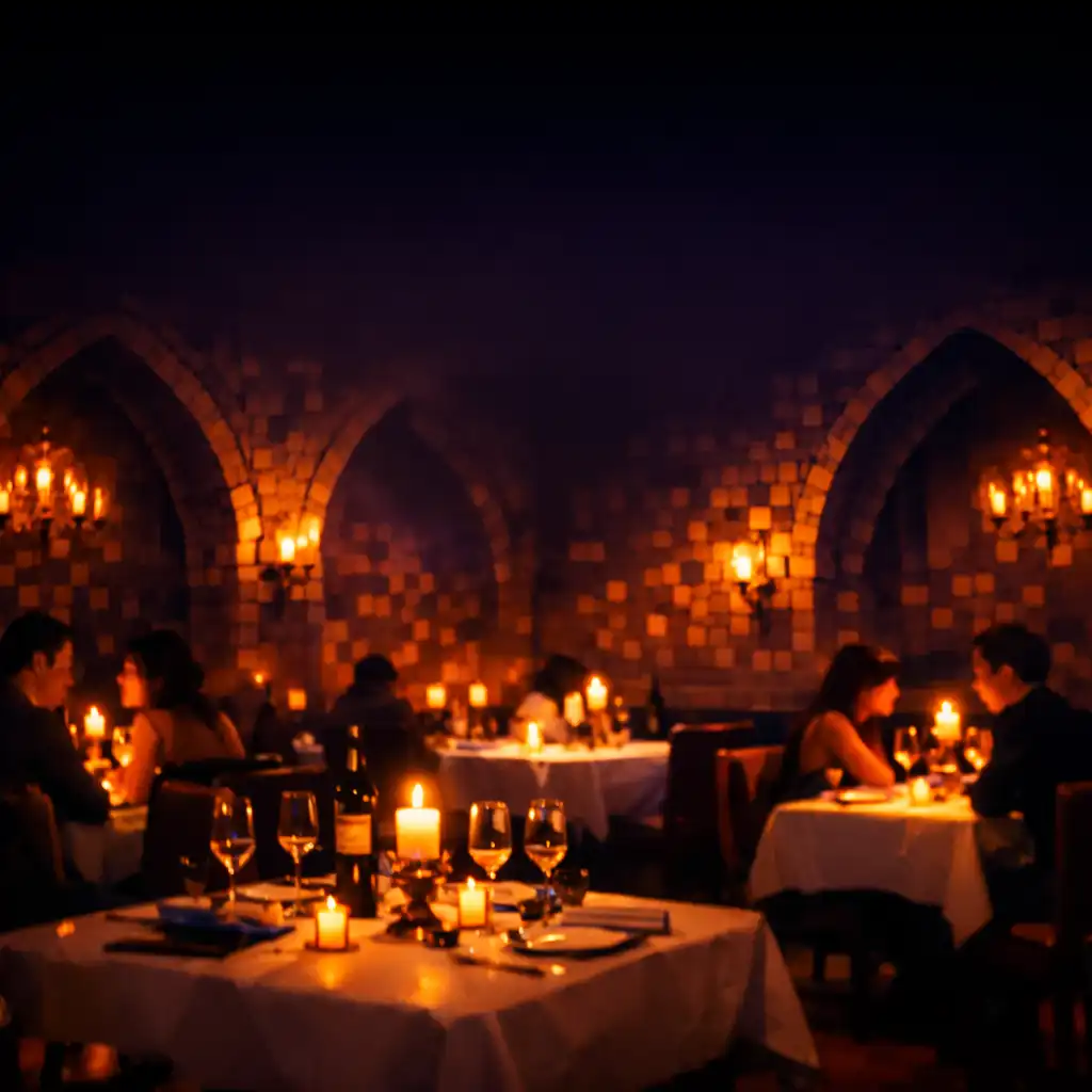 Candlelit dining room with dark gothic arches and subtle pixel-art wall textures