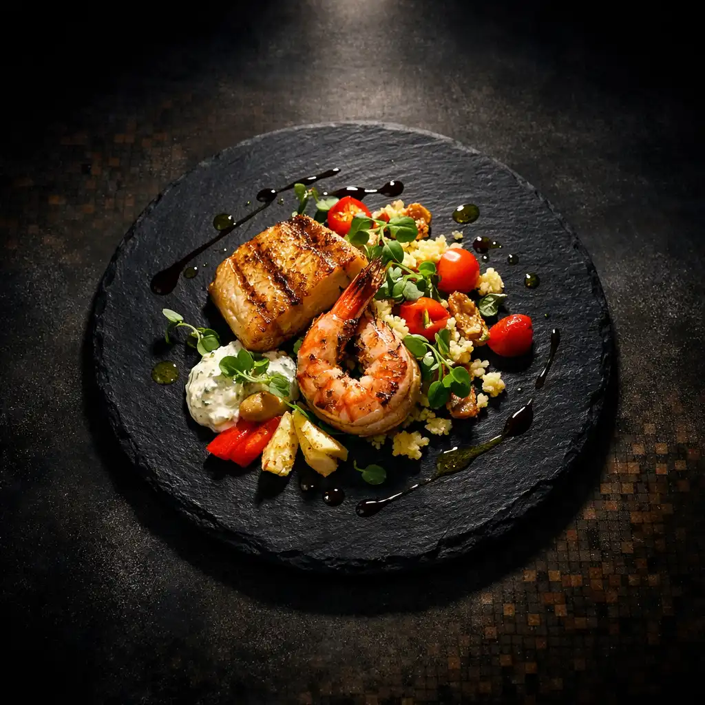 Beautifully plated dish on a dark slate plate