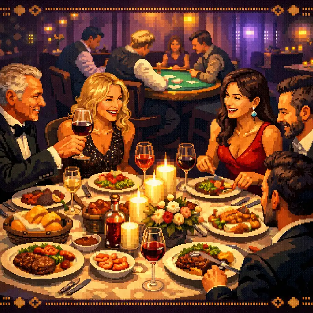 Guests enjoying a meal at a private table during an evening event with a poker table in the background