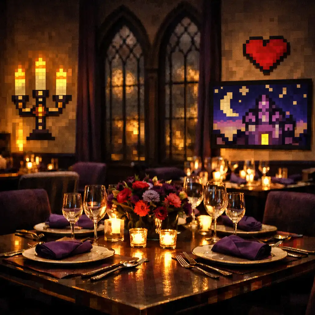 Elegant dining room with warm low lighting and gothic arch windows
