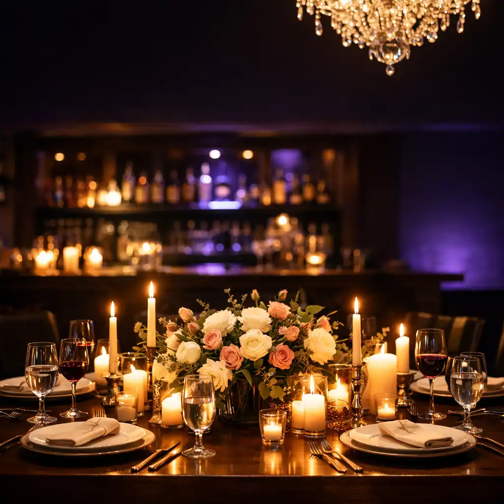 Dining table set for a group with candles and flowers