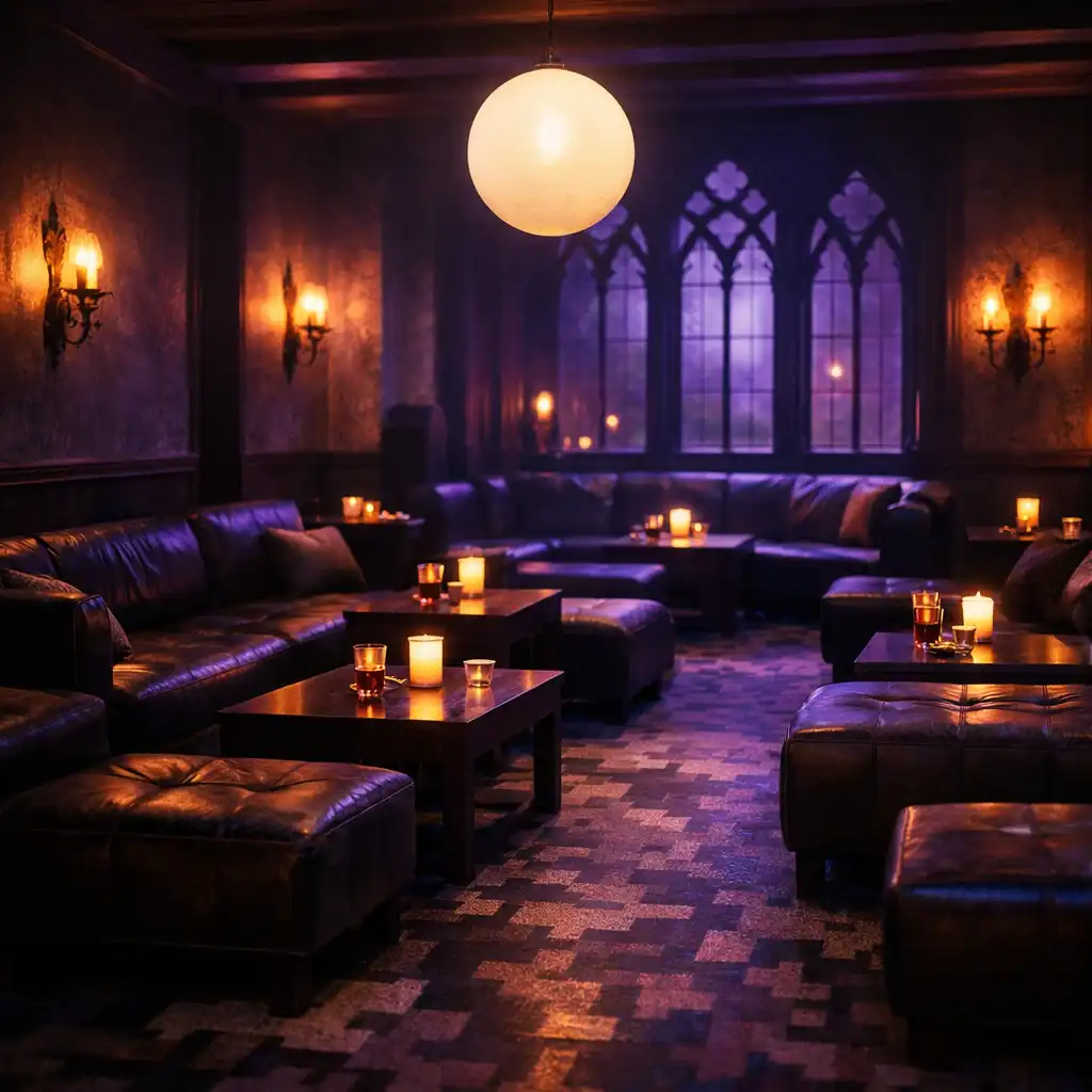 Lounge area with dark leather sofas and gothic arch windows