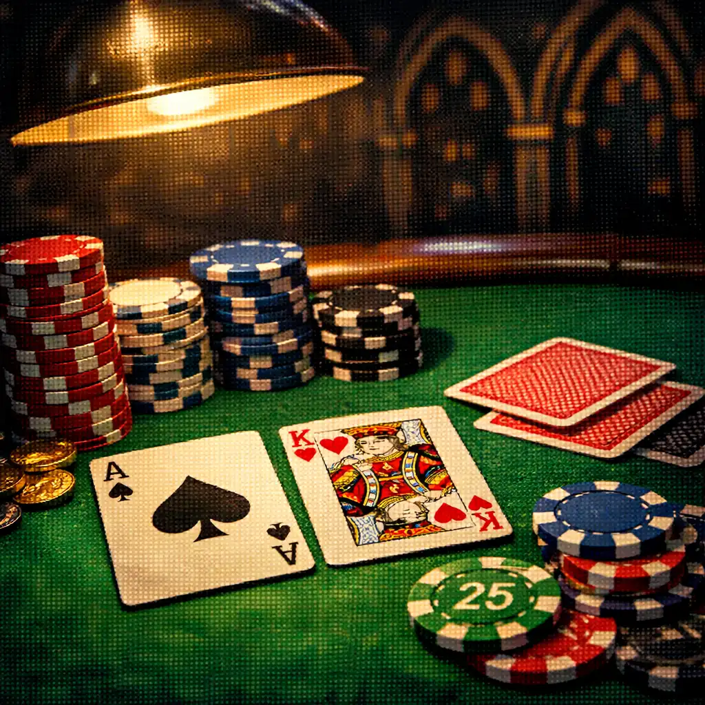 Poker table with cards and chips under a low-hanging lamp