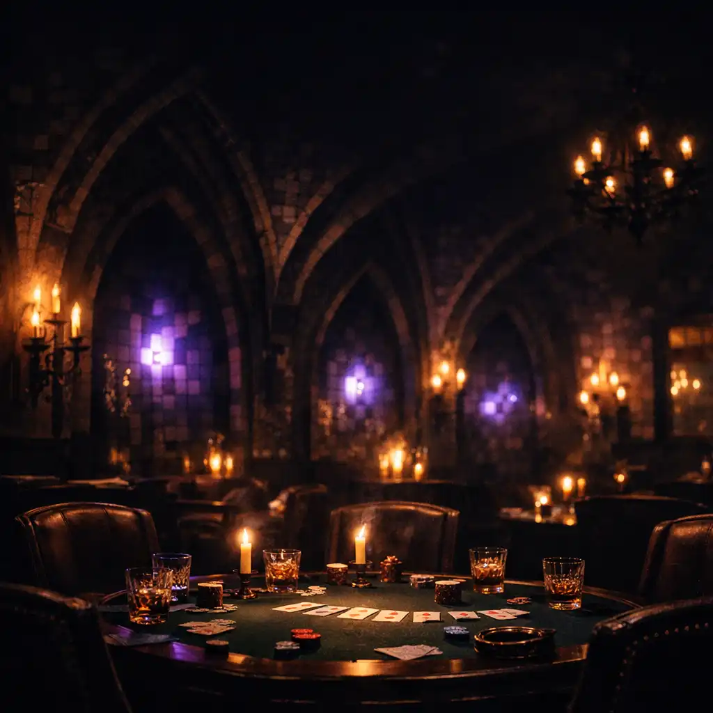 Moody restaurant interior with candlelit tables and gothic arches