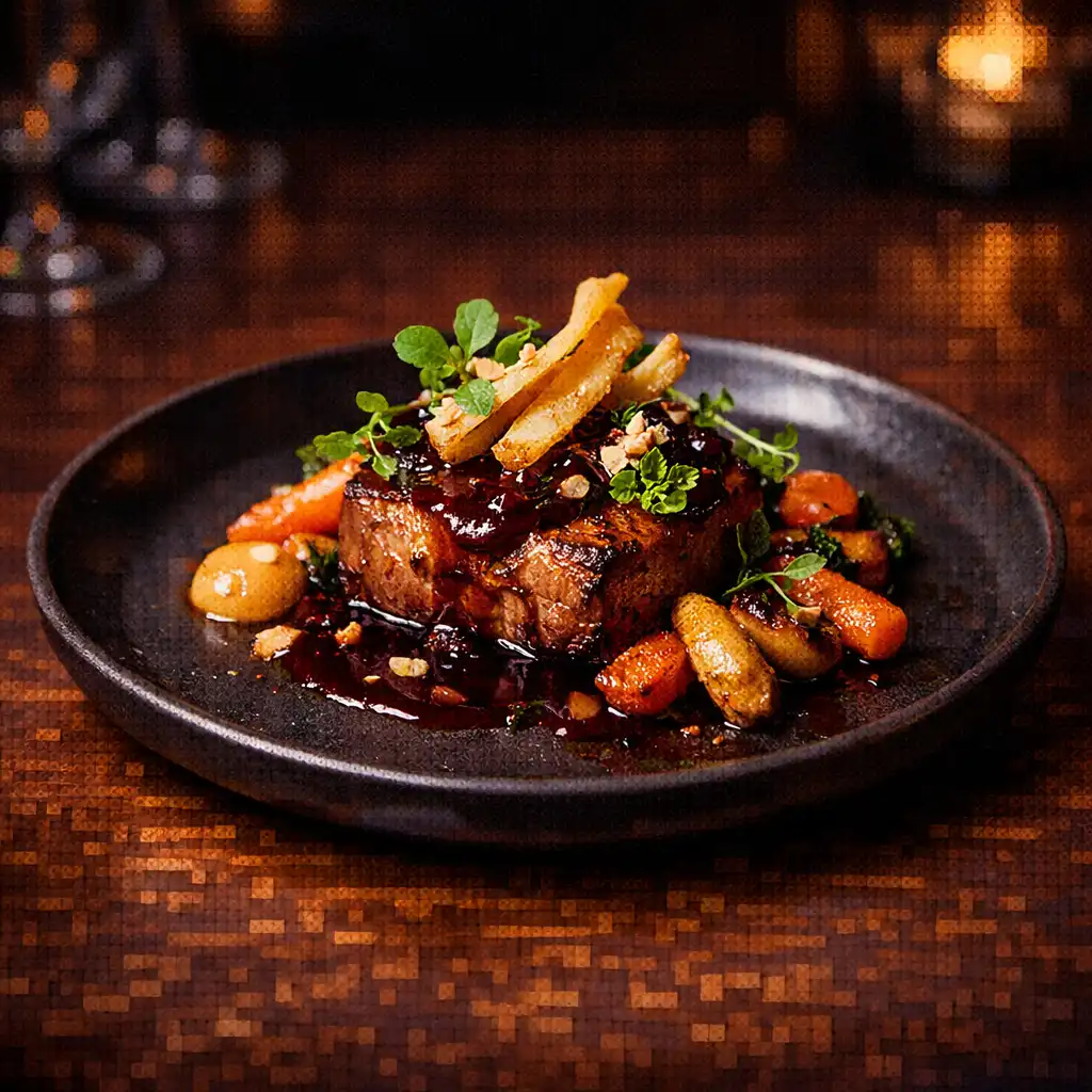 Beautifully plated gourmet dish on a dark ceramic plate, set on a wooden table in a moody restaurant