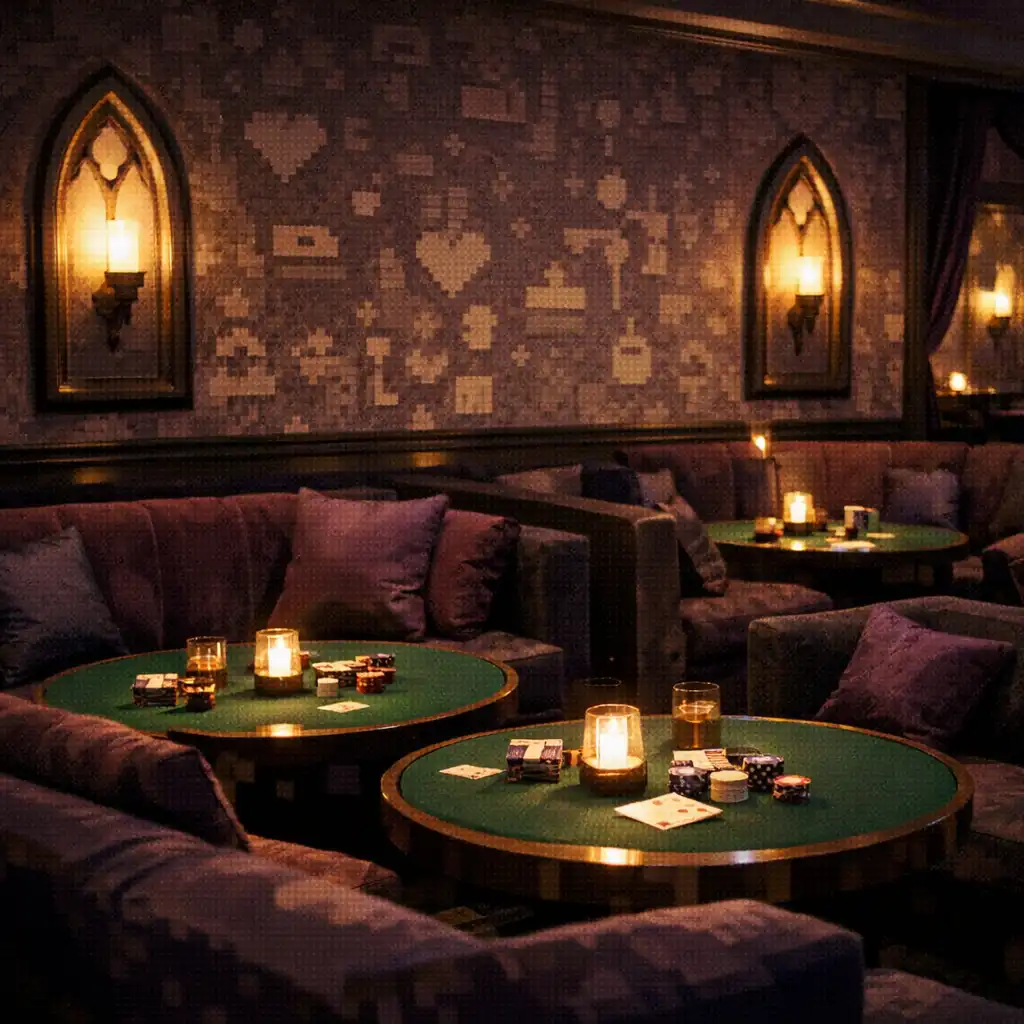 Dimly lit lounge with plush purple seating and green felt poker tables, illuminated by gothic-arch wall sconces