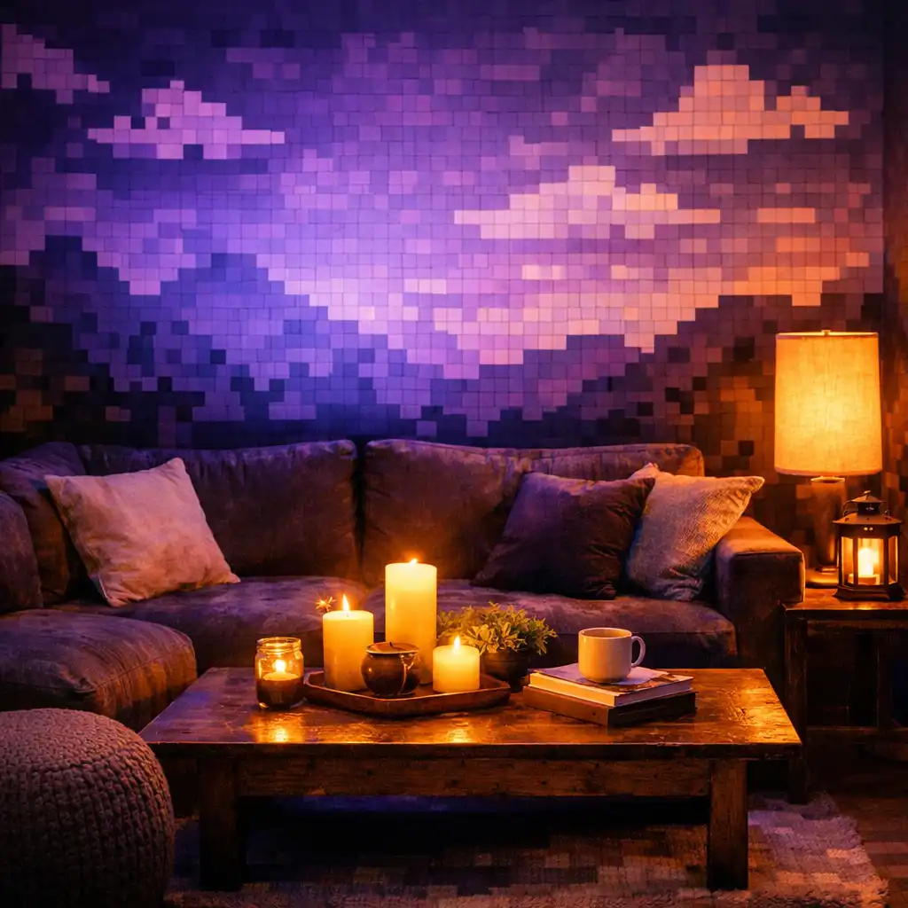 Cozy lounge corner with plush seating and ambient purple lighting