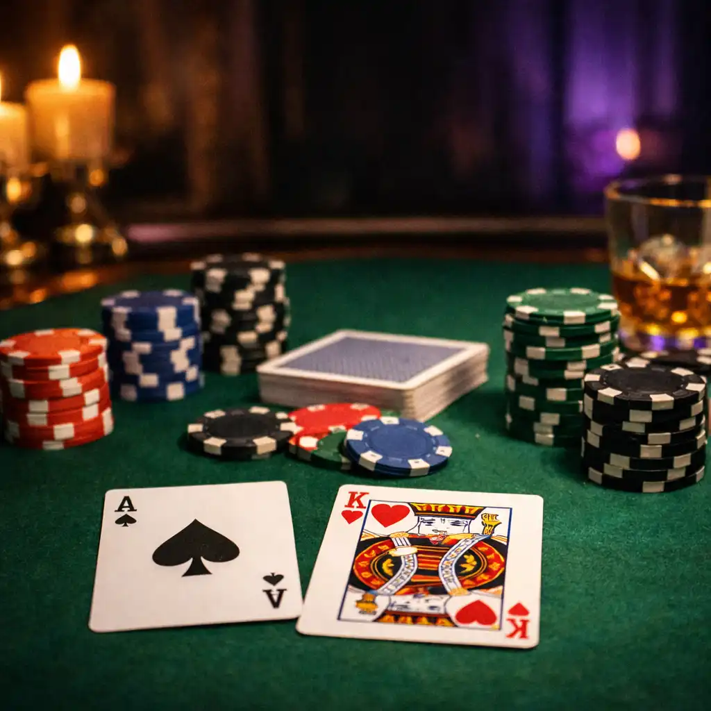 Elegant poker table with cards and chips under soft candlelight