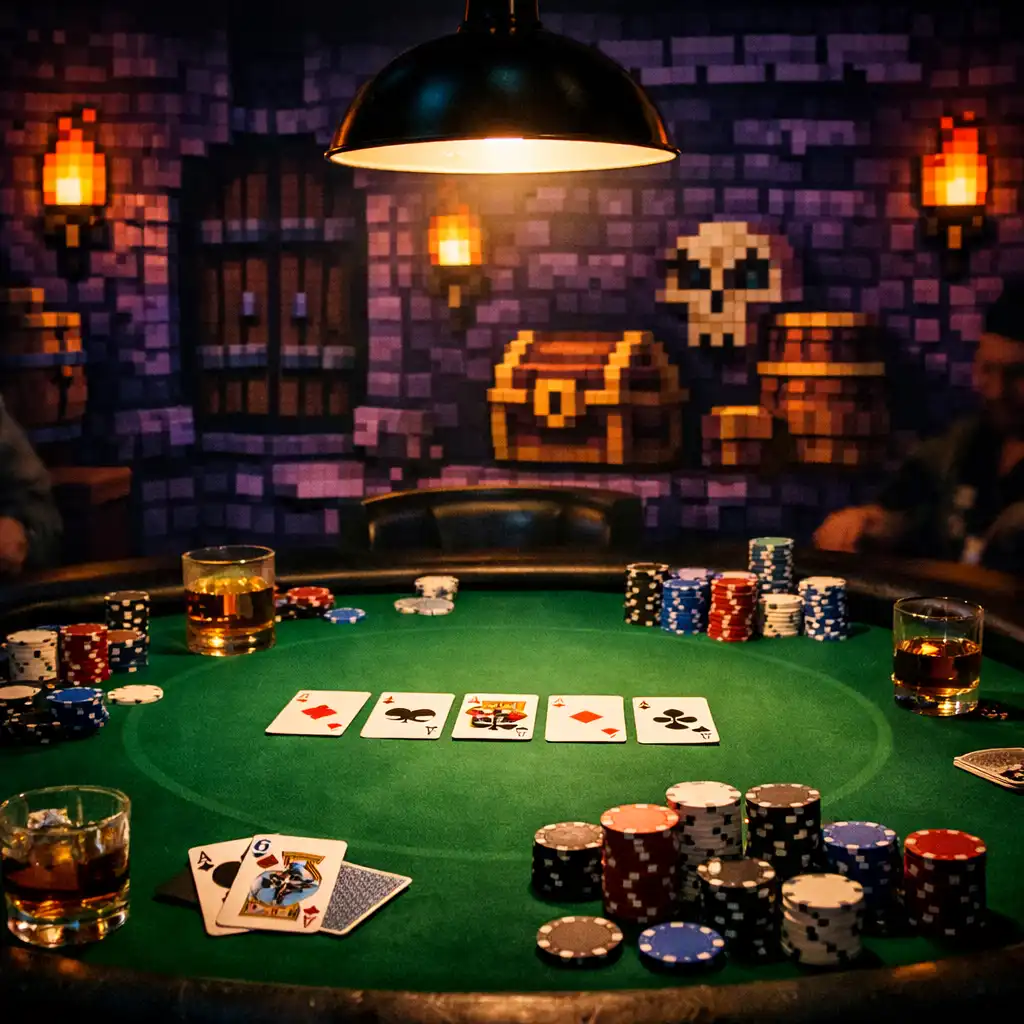 A hosted poker table in a dark, elegant room with dramatic lighting
