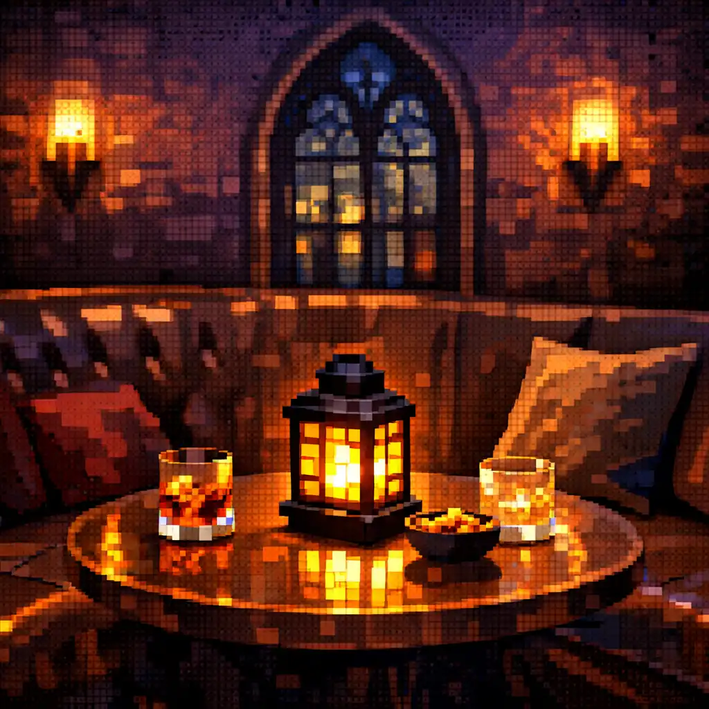 A warm, intimate private table corner with plush seating and a pixel-art style lantern