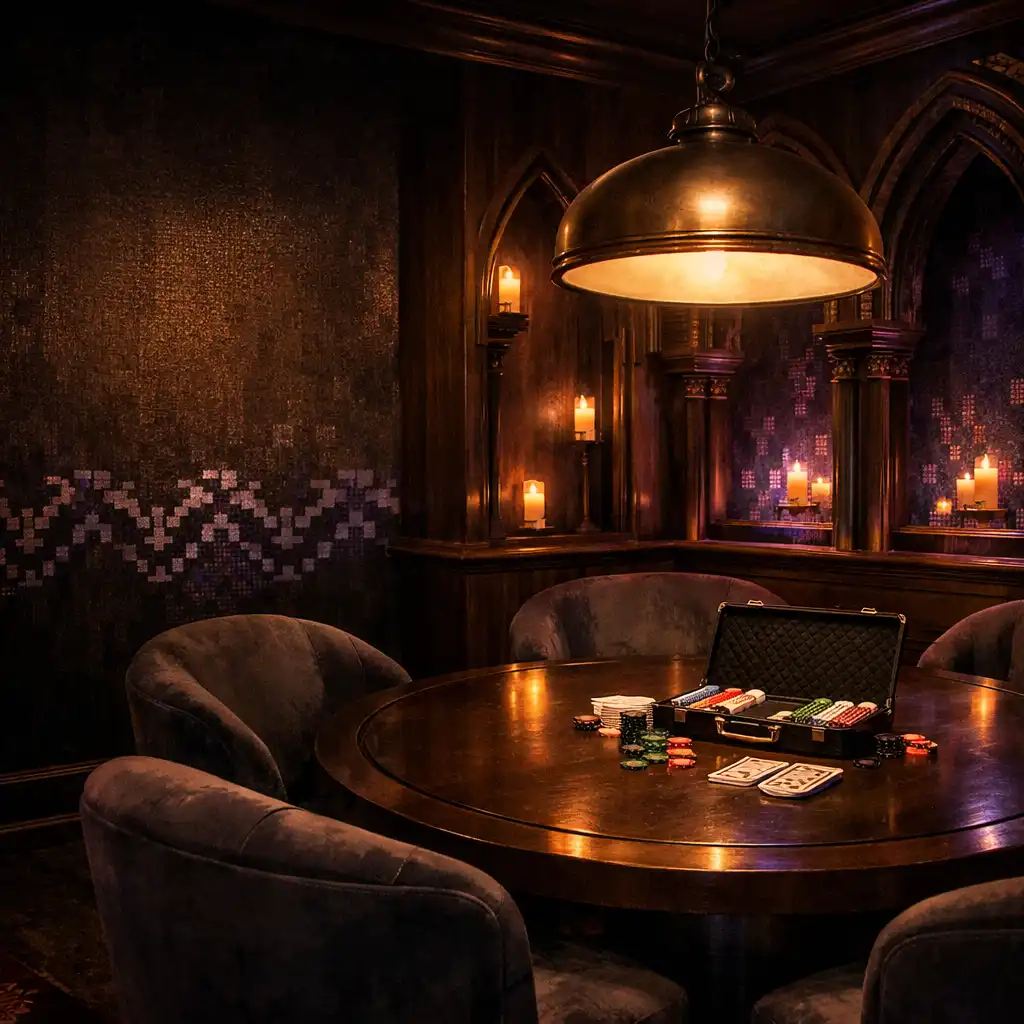 Private dining table with plush chairs and low pendant light