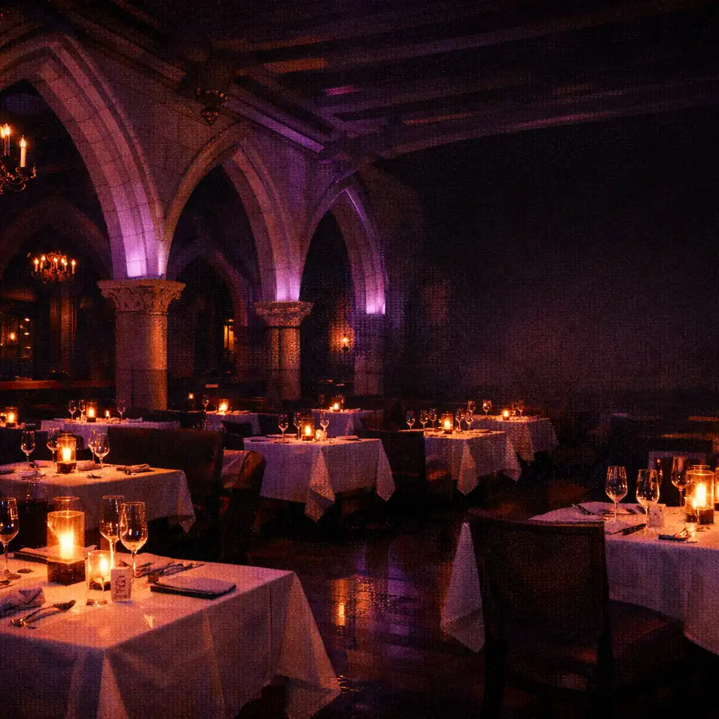 Candlelit restaurant interior with deep purple ambient lighting and gothic arch details