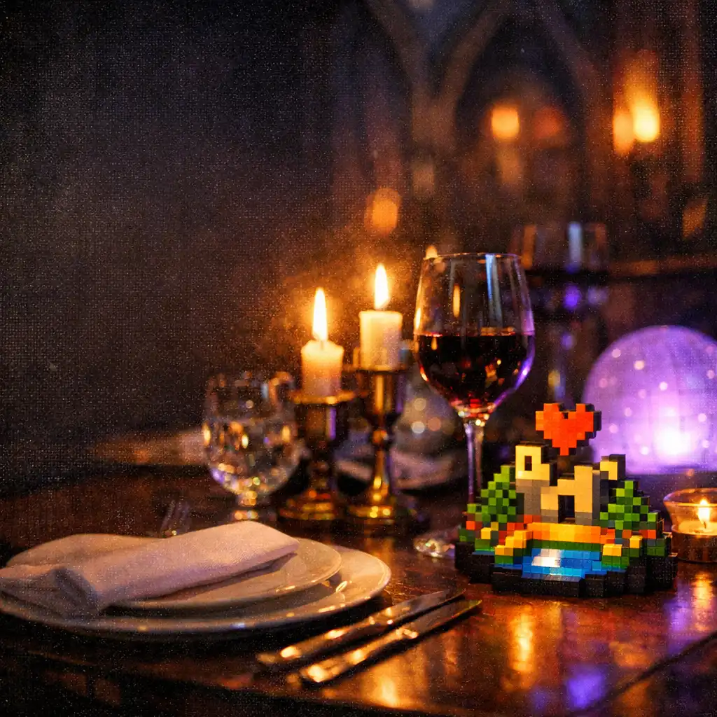 Candlelit dining table set with fine china and crystal glasses