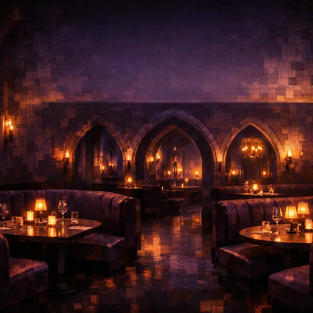 Atmospheric interior of the ADSIGHT LTD venue with candlelit booths and gothic arch details