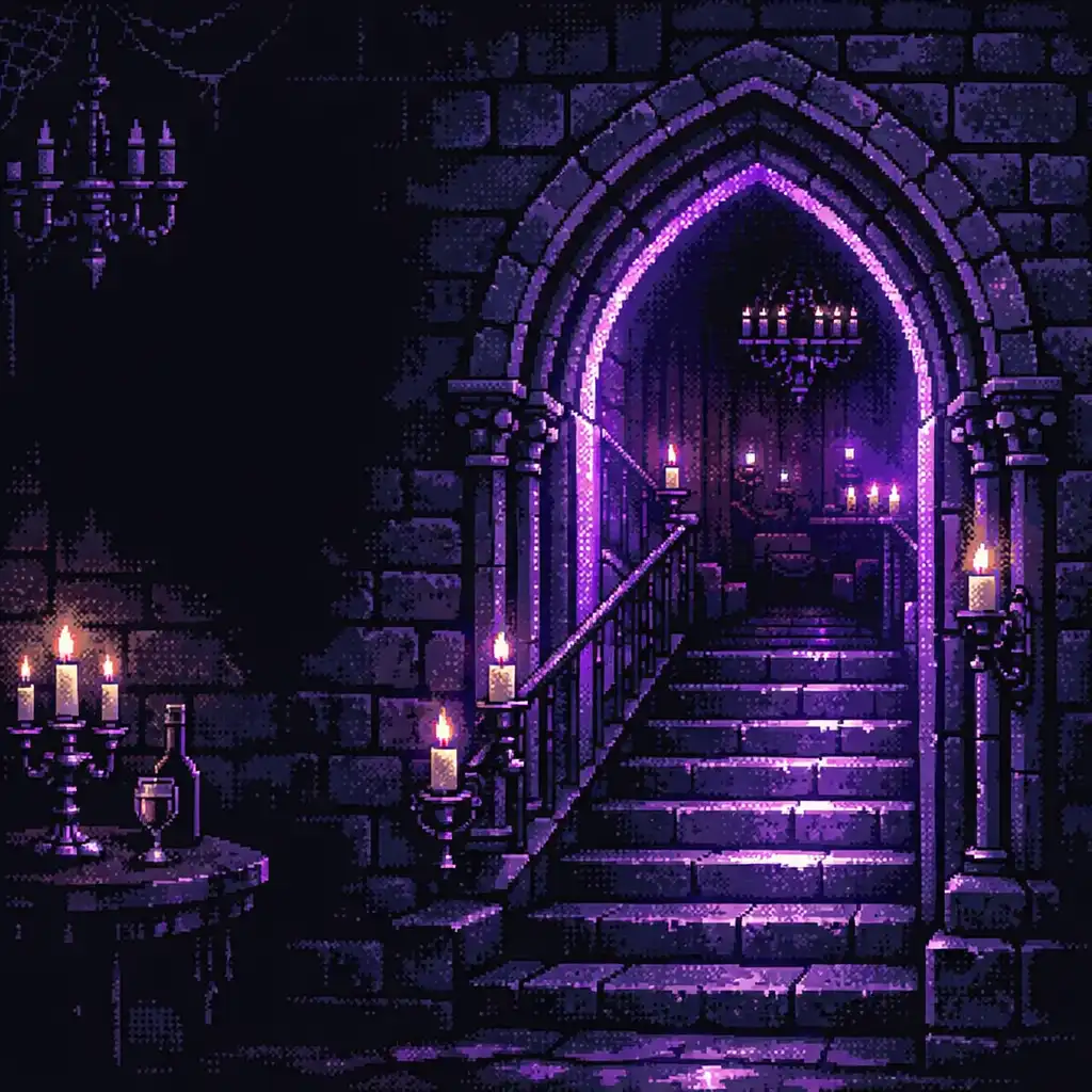 Illustrated hidden lounge entrance with gothic arch glowing purple