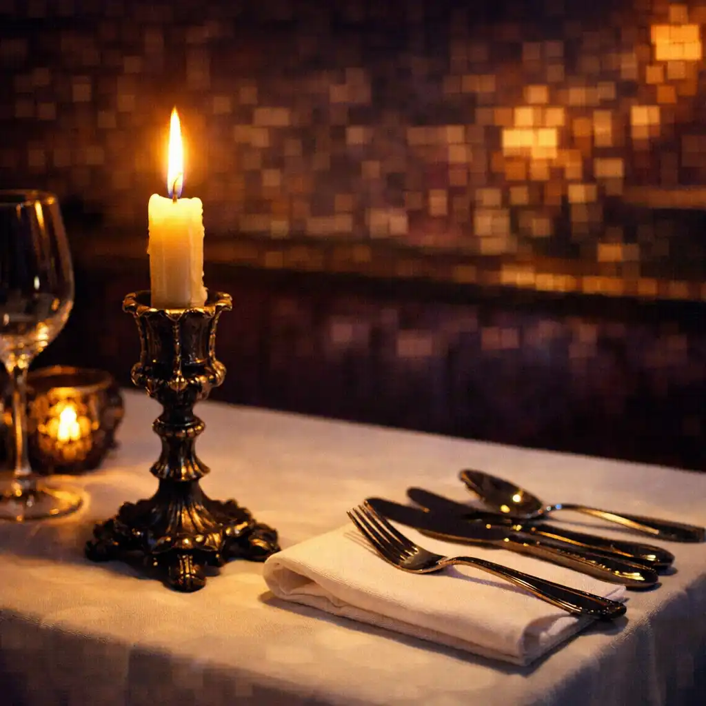 Candlelit table setting with elegant silverware and a gothic candle holder