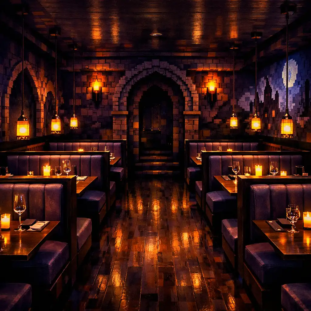 Main dining area with intimate booths and pixel-art murals