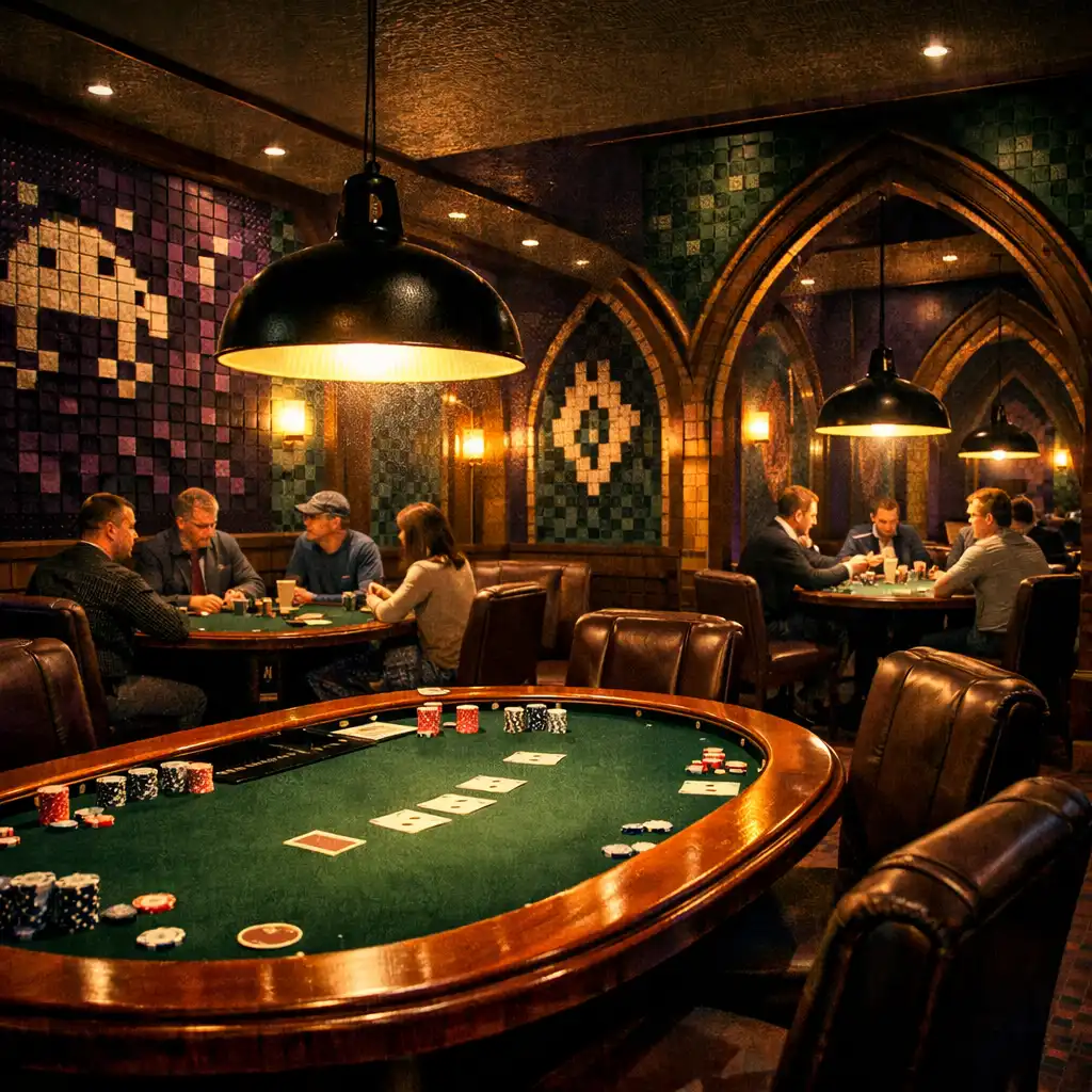 Dedicated lounge with custom poker tables and low pendant lights