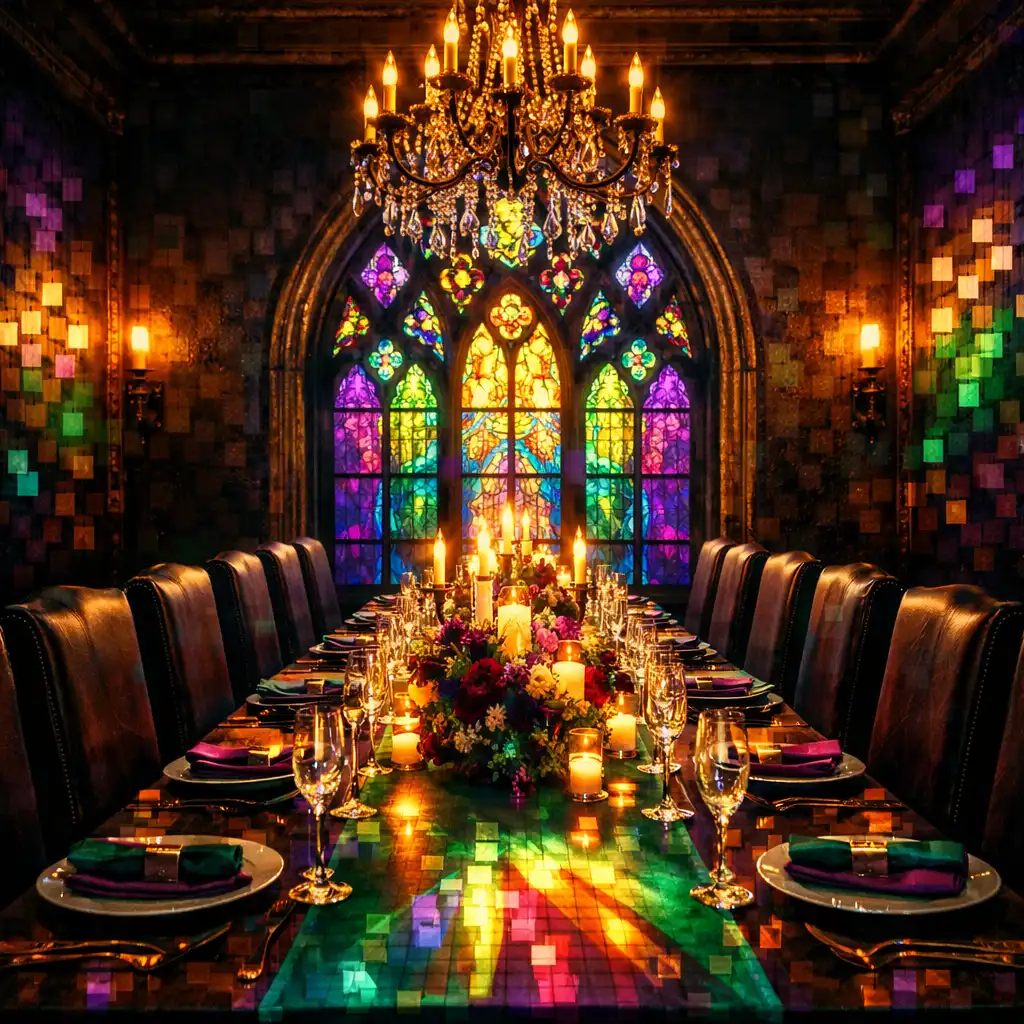 Private dining room with long table and gothic arch stained-glass window